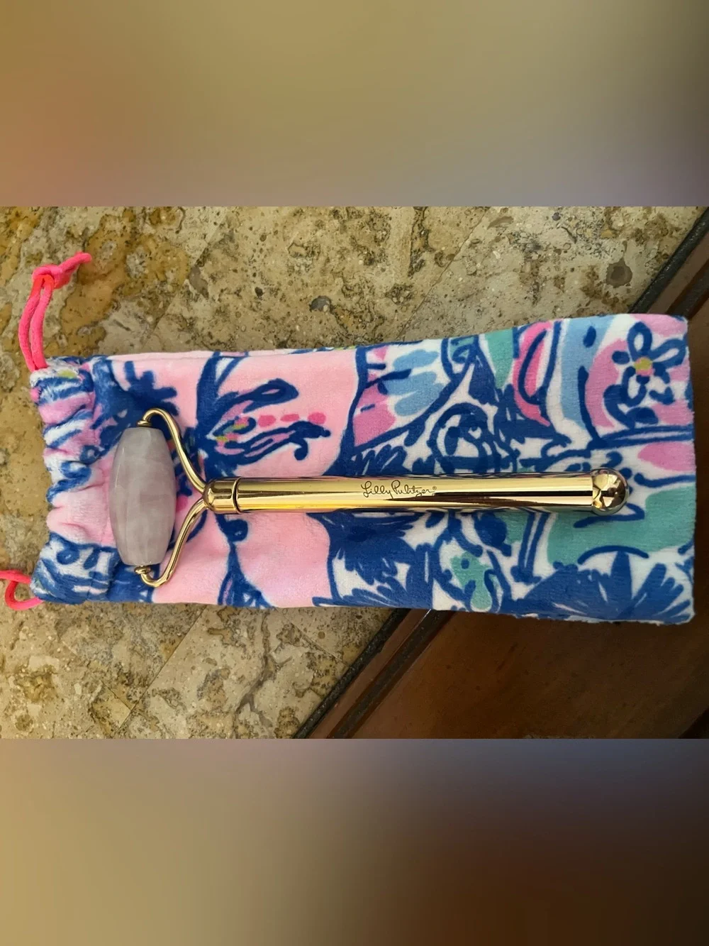 Lilly Pulitzer Pink and Blue Floral Drawstring Skincare Pouch with Facial Roller